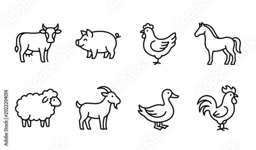 Bild auf Leinwand Farm animal monoline icon set minimalist livestock vector illustration isolated