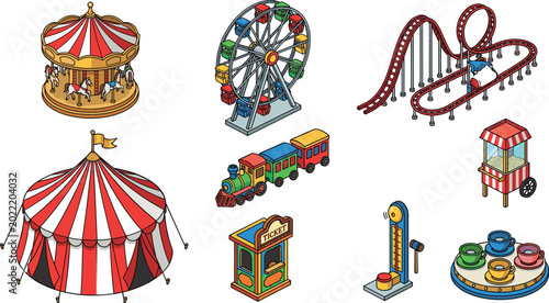 Canvastavla Isometric amusement park vector set featuring a circus tent, roller coaster, fer