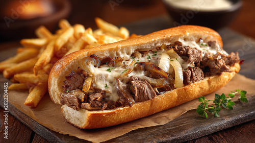 Flavorful Steak and Cheese Sub with Golden Crispy Fries on a Wooden Board