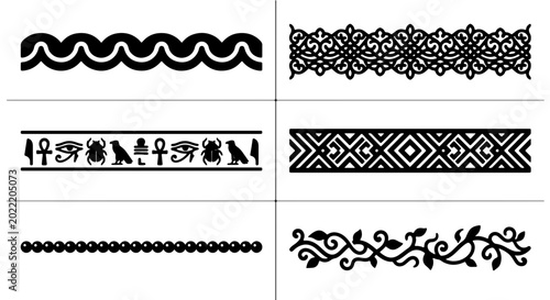 Cuadro en lienzo Decorative Borders and Ornaments Vector Set, Ornate Egyptian Hieroglyphs, Geomet
