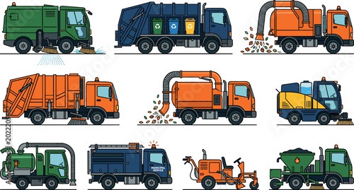 Cuadro en lienzo Municipal service trucks vector illustration set with street sweeper garbage tru