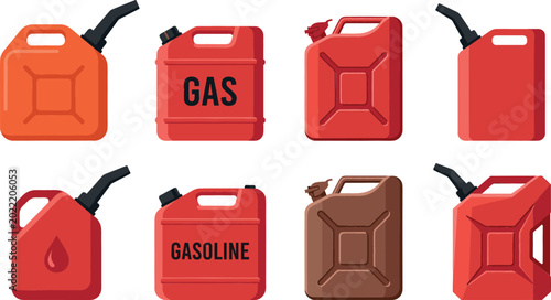 Foto Red gasoline can vector set illustration featuring fuel container icons Jerry can variants and plastic gas tank elements isolated on white background