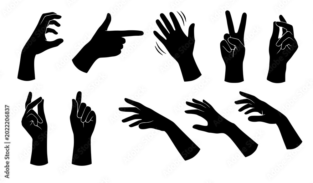 Fototapeta premium Dynamic hand gesture silhouettes vector illustration human sign collage isolated on white