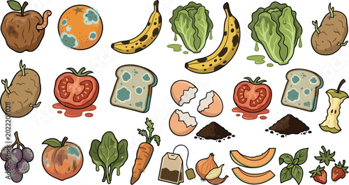 Photos Rotten food and organic waste vector illustration set featuring moldy fruits veg