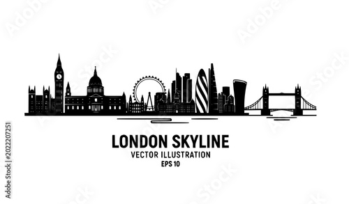 Canvas Print Panoramic London skyline silhouette with famous landmarks vector