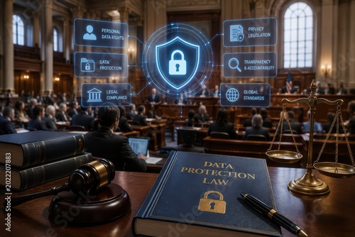 A courtroom setting highlighting data protection law with digital icons representing privacy, compliance, and legal standards.