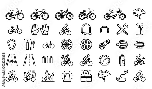 Bild auf Leinwand Bicycle and cycling line icon set with commuter and recreational riding vector c