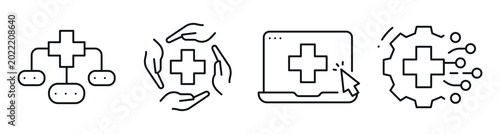 Healthcare icons showing services collaboration technology and systems. Editable stroke