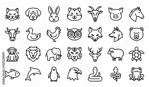 Canvas Print Animal line icon set with domestic farm and wild animals vector collection