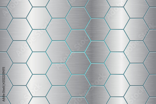 Shiny metallic hexagon pattern with blue outlines, modern digital background.