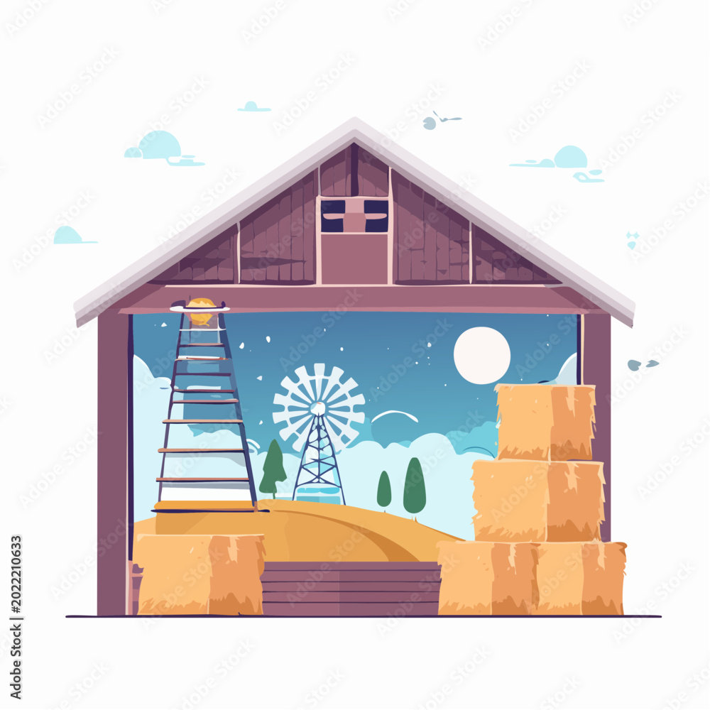 Obraz premium Farm Barn with Hay Bales and Windmill Scene