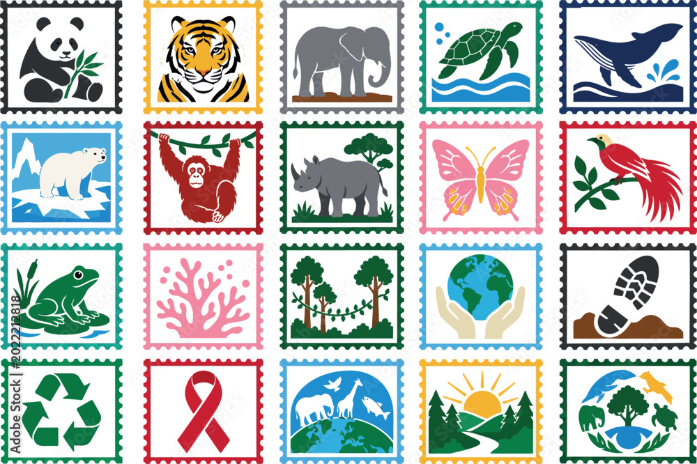 Fototapeta premium Endangered Species Day Wildlife Conservation Stamp Icons