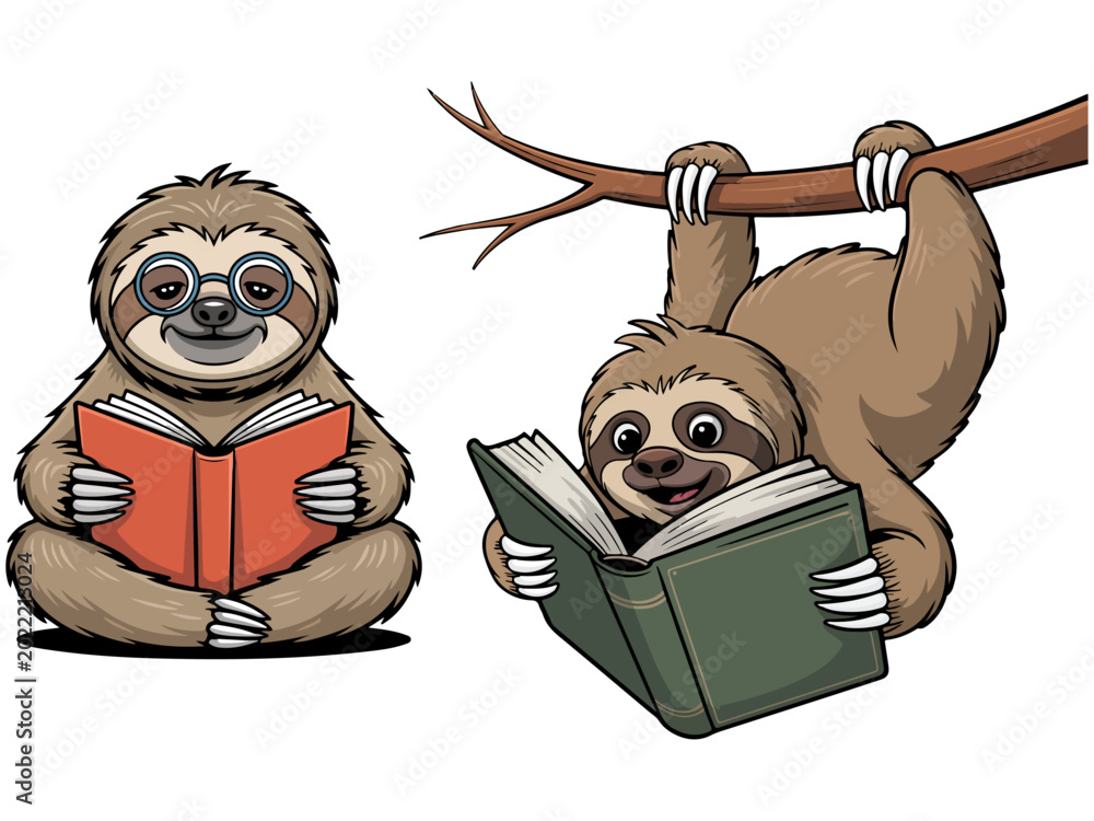 Fototapeta premium Sloth Reading Book Illustration Set