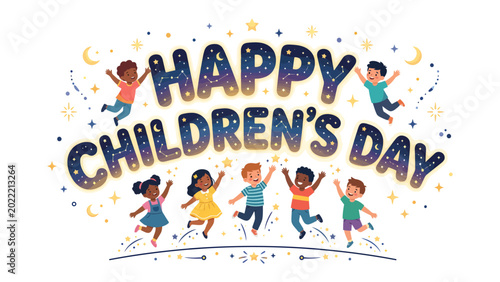 Tableau sur toile Joyful Children's Day Celebration: A vibrant, colorful illustration captures the exuberance of children as they celebrate Children's Day, exuding pure joy and playful delight