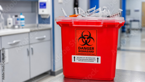 Serious medical waste storage bin holding used plastic syringe items requires cautious handling inside bright clinic environment