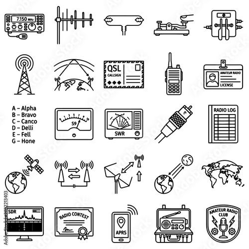 Cuadro en lienzo Amateur Radio Ham Radio Icons Set, Radio Communication Black White Line Art, HAM