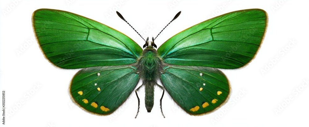 Fototapeta premium Isolated emerald butterfly gracefully soars evoking wonder with its vibrant translucent wings.