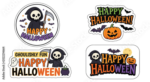 Konstfotografi happy halloween stickers with skull and pumpkin colorful vector illustration