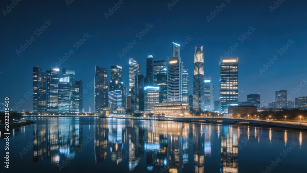Obraz premium Nighttime city skyline with water reflection