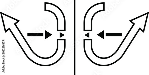 Photos Minimalist black and white vector icon depicting mirrored curved arrows and directional symbols representing concepts of reflection, symmetry, process flow, reversal, and logical movement