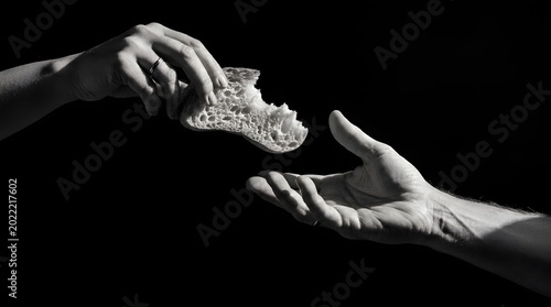 Homelessness and charity hand offering bread to a receiving hand in black and white