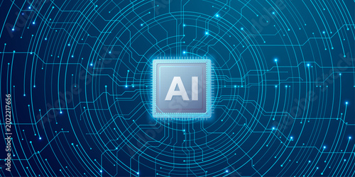 AI processor in futuristic circular interface, blue glowing neural network chip technology background with data connections
