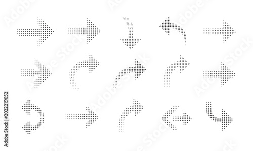 Collection of gray halftone arrows pointing in various directions symbol sign