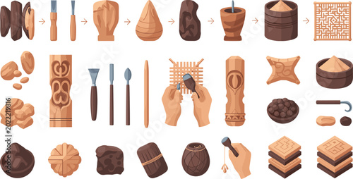 Bild auf Leinwand Flat vector illustration set of traditional woodworking process with chisels, hand carving tools, totem poles, wooden bowls, raw timber, and artisan crafting techniques for cultural heritage projects