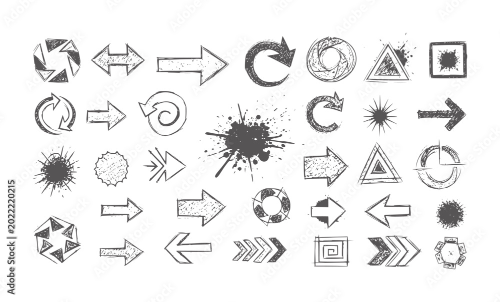 Fototapeta premium Collection of hand drawn grunge arrows and shapes in dark gray handdrawn