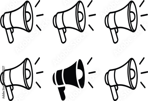 Foto Six black and white megaphones with sound waves emitting vector illustration EPS