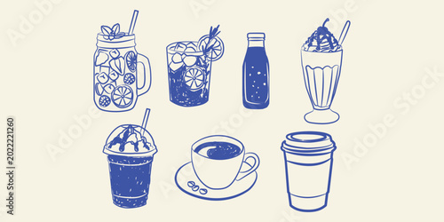 Photography Drinks coffee cocktail naive blue ink sketch set vector illustration of beverage