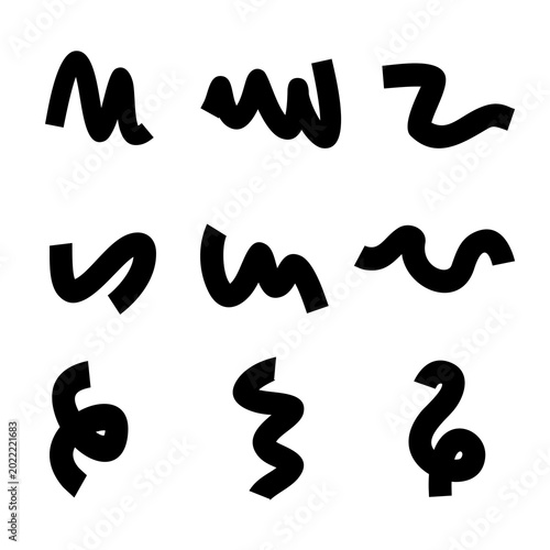 Black abstract wavy lines set hand drawn brush stroke vector elements on white background