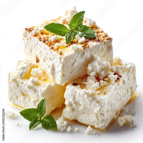 Stacked Feta Cheese Cubes with Honey, Chili Flakes and Mint Garnish