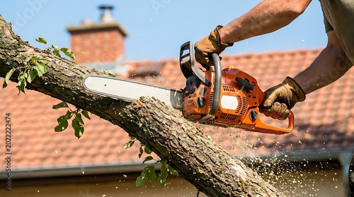 Lumberjack trimming tree limb with chainsaw arborist lumberjack equipment protection