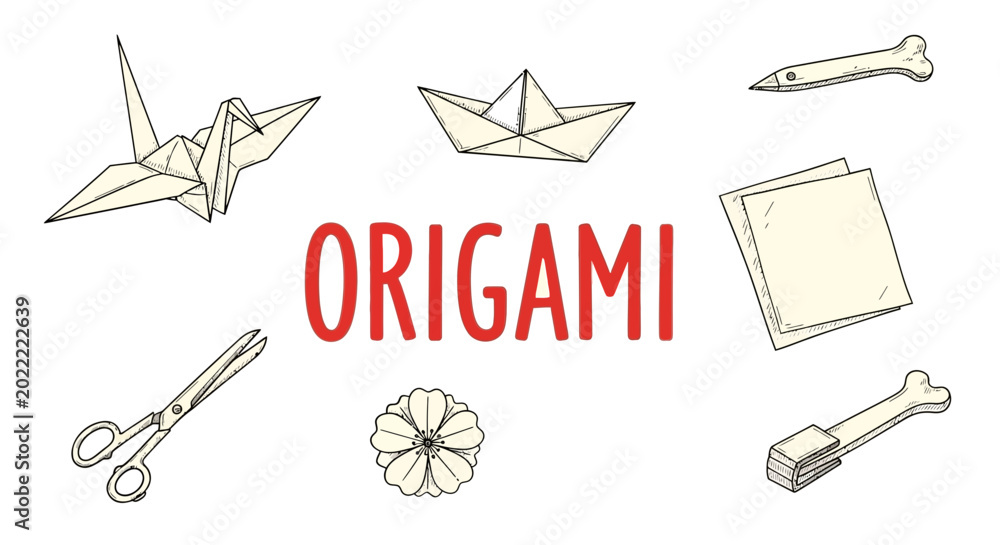 Fototapeta premium Sketch Illustration of Origami art and craft tools.