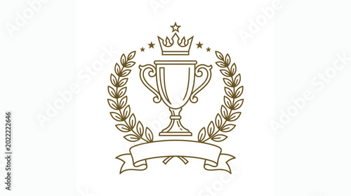 Golden trophy cup emblem with laurel wreath and crown illustration.