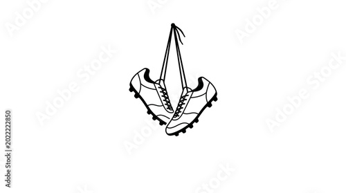 Black and white line art illustration of a pair of hanging soccer cleats.
