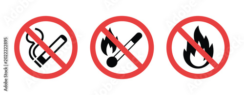 Bild auf Leinwand No Open Fire Sign Set with No Smoking and No Matches Round Labels for Safety War