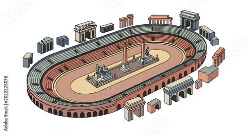 Foto Illustration of an ancient Roman chariot racing stadium with surrounding buildings