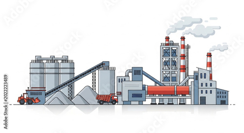 Tableau sur toile Industrial Cement Factory Building Complex with Trucks and Smokestacks