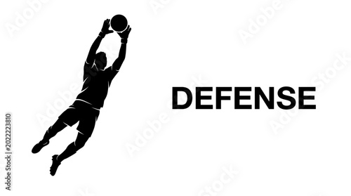 Tableau sur toile Silhouette of a soccer goalkeeper jumping to catch a ball with the word defense