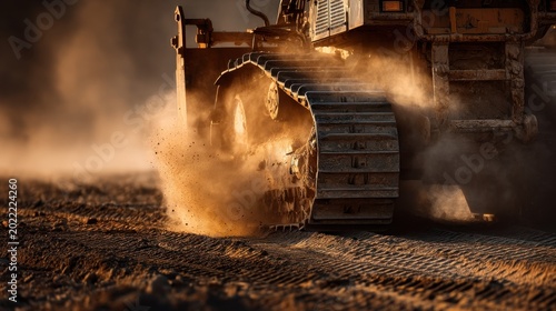 Heavy machinery track leaving dust trail on construction site with sunlight illuminating the scene  showcasing the power and functionality of industrial equipment