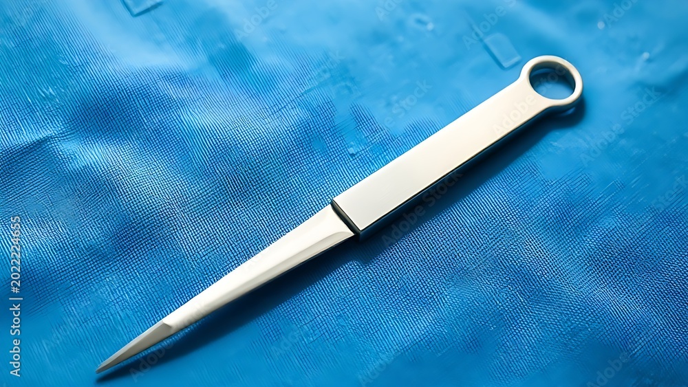 Naklejka premium A single surgical scalpel resting on a sterile blue cloth, sharp blade in focus.