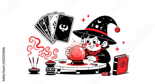 Foto Fortune Teller Witch with Crystal Ball, Tarot Cards, and Magic Book