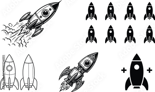 Tablou pe pânză Collection of rocket illustrations and icons featuring launch designs, decorativ