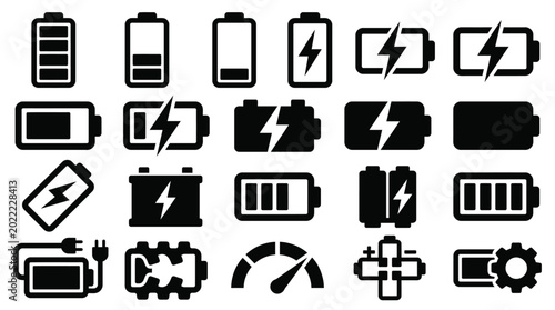Battery Icons Set with Lightning Bolts and Charging Symbols