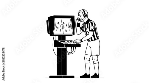 A football referee reviewing a match decision using VAR video assistant referee technology.