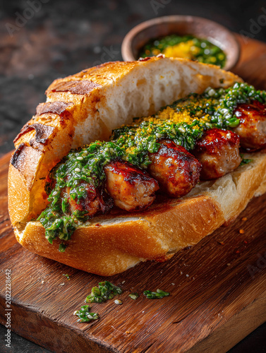 Grilled choripán sandwich with chimichurri sauce