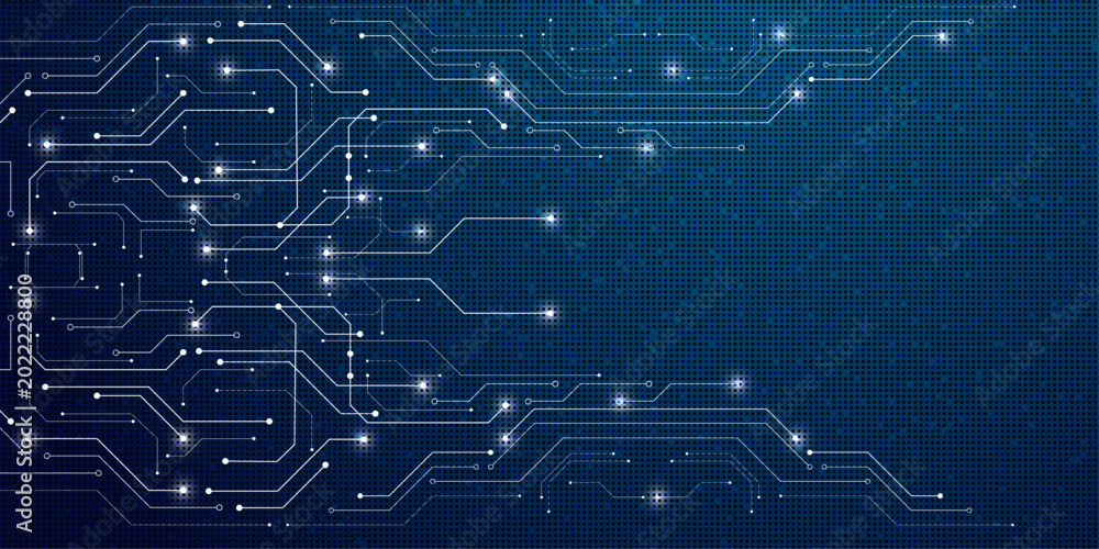 Foto Glowing circuits pulse across a deep blue digital grid
