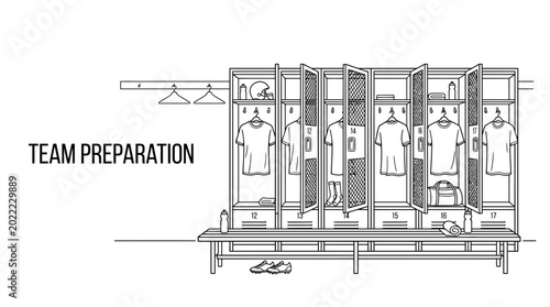 Hand drawn illustration of a sports team locker room interior with lockers and benches.